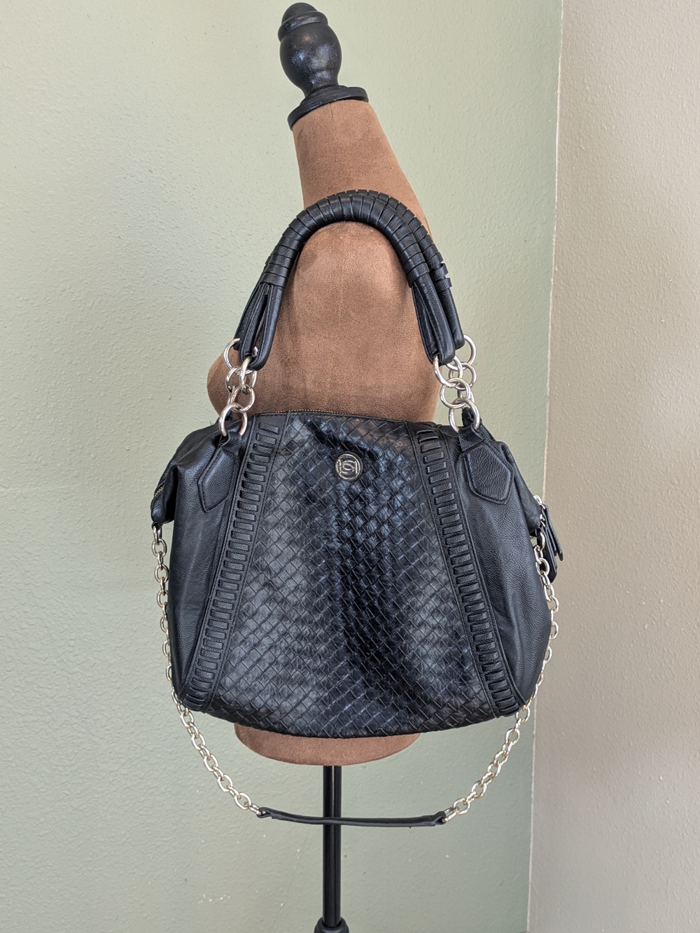 Bebe Black Woven Leather Shoulder Bag